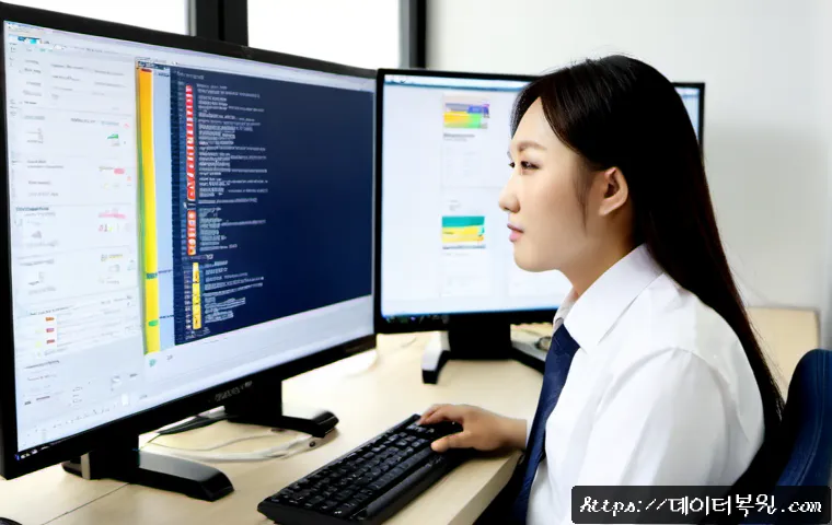 수송동 STATUS_DISK_WRITE_FAILURE - Photorealistic IT support workstation in a modern Susong-dong office, dual monitors showing abstract...