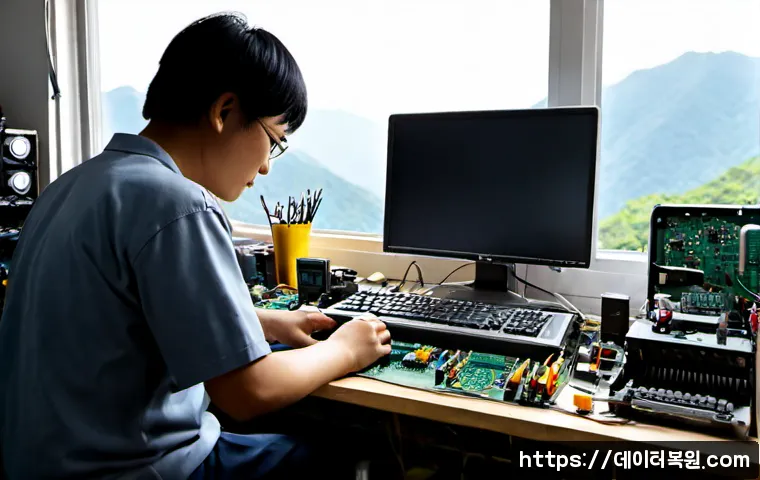 도봉동 맥미니 판매 및 수리 - Photorealistic compact silver mini desktop computer repair bench in a Dobong-dong electronics worksh...