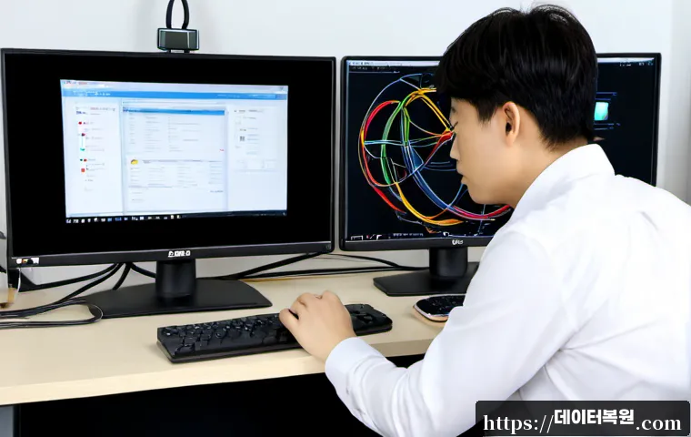 강서구 STATUS_INVALID_PAGE - Photorealistic IT support workstation in Gangseo-gu, Seoul, dual monitors showing a blank browser-li...