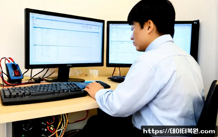 창릉동 STATUS_DEVICE_OFFLINE - Photorealistic IT support workstation in a quiet suburban apartment district, dual monitors showing ...