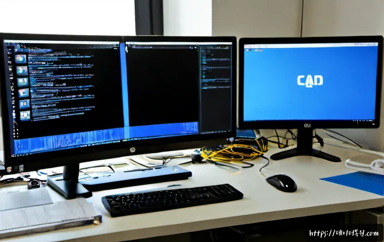 장교동 STATUS_KERNEL_MODE_EXCEPTION - Photorealistic IT support workstation in a compact central Seoul office, dual monitors showing a bla...