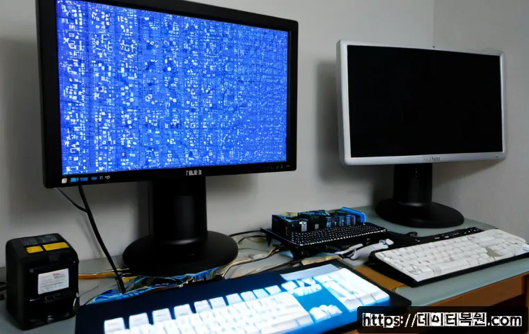 회기동 STATUS_KERNEL_DATA_CORRUPTION - Photorealistic computer repair workstation in a compact Hoegi-dong apartment office, desktop monitor...