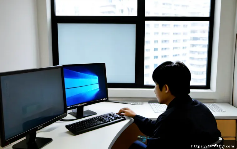 둔촌동 STATUS_INVALID_IMAGE_FORMAT - Photorealistic IT support workstation in a quiet eastern Seoul apartment office, dual monitors showi...