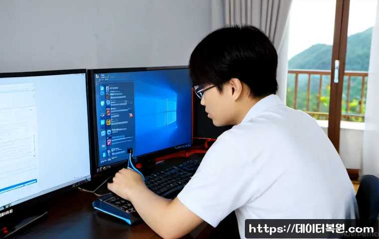 무악동 pc에 문제가 발생하여 다시 시작해야 합니다 - Photorealistic PC repair scene in a compact Muak-dong apartment workspace, dual-monitor desktop rest...