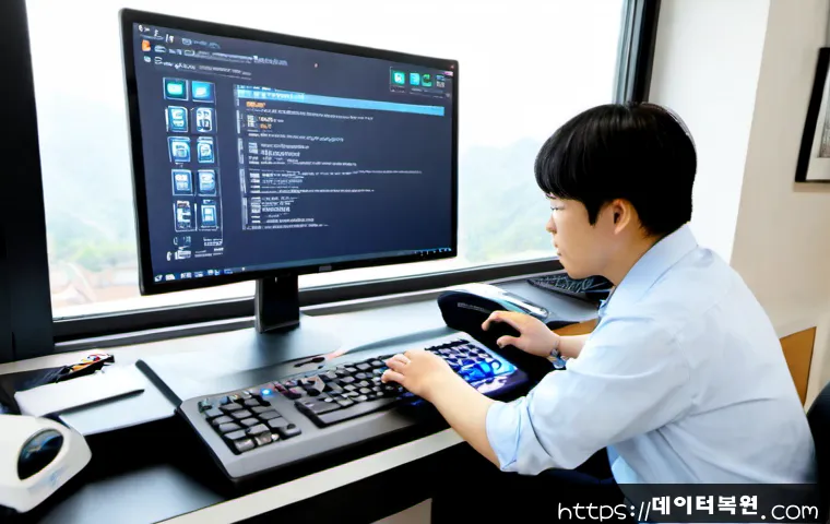 신원동 STATUS_KERNEL_ACCESS_DENIED - Photorealistic IT support workstation in a quiet Korean suburban home office, dual monitors displayi...