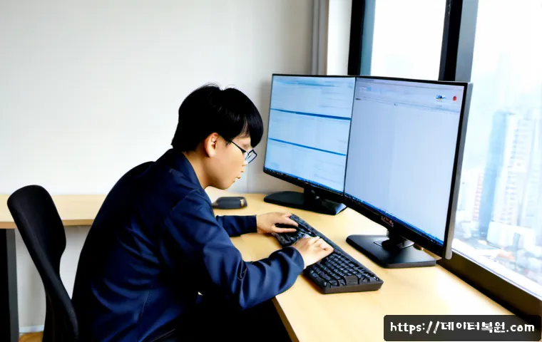 화양동 SESSION5_INITIALIZATION_FAILED - Photorealistic remote IT support workstation in a compact Hwayang-dong studio office, dual monitors ...