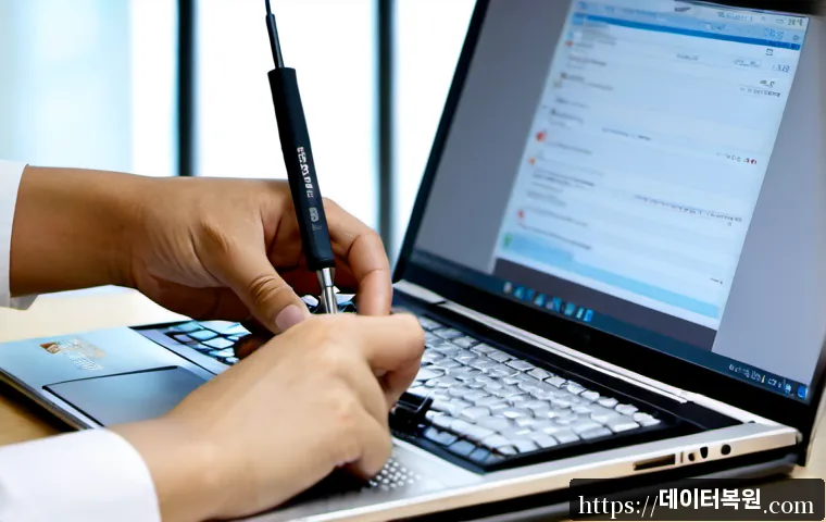 대조동 맥북에어 판매 및 수리 - Photorealistic compact laptop repair workshop in Daecho-dong, Eunpyeong, technician carefully replac...