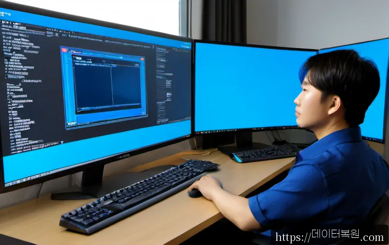 청진동 DRIVER_POWER_STATE_FAILURE - Photorealistic IT support workstation in a modern Cheongjin-dong office, dual monitors showing a bla...