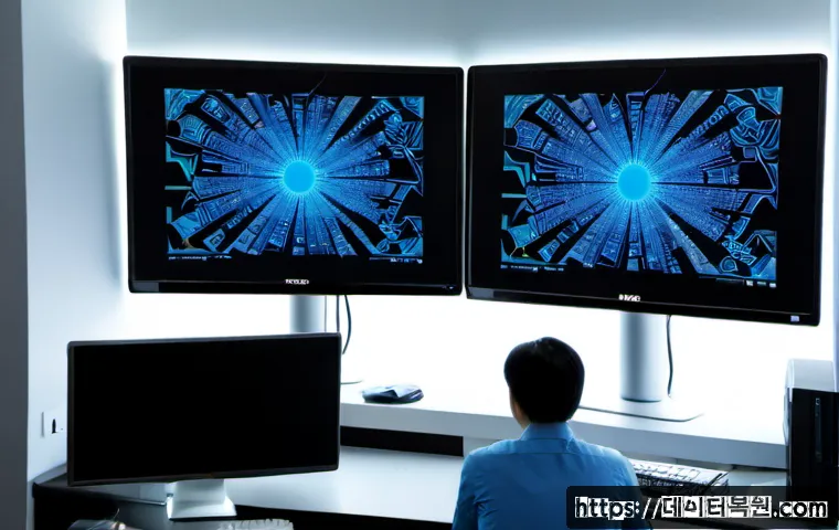 흑석동 STATUS_KERNEL_EXECUTION_ERROR - Photorealistic IT support workstation in a compact Heukseok-dong apartment office, dual monitors sho...