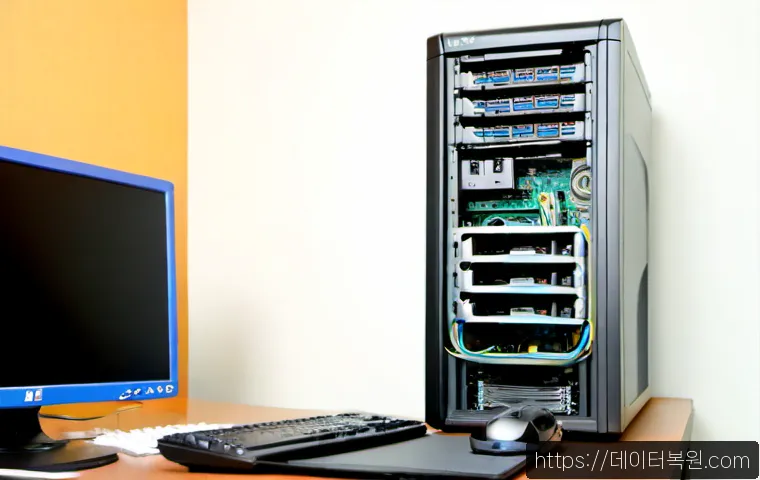 남가좌동 STATUS_DISK_READ_FAILURE - Photorealistic IT support workstation in a compact Namgajwa-dong apartment office, desktop monitor s...