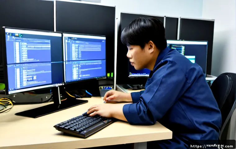 가리봉 KERNEL_SECURITY_CHECK_FAILURE - Photorealistic IT support workstation in a compact Garibong neighborhood office, dual monitors showi...