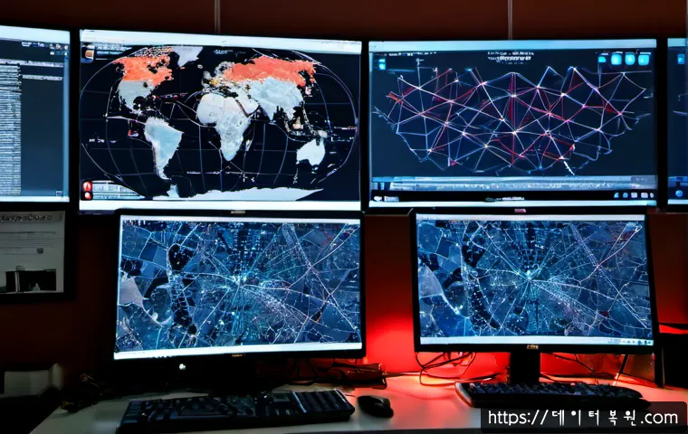 공덕동 WATCHDOG_VIOLATION - Photorealistic cybersecurity analyst workstation in Gongdeok-dong, dual monitors showing abstract ne...