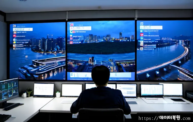 용강동 STATUS_KERNEL_DEBUG_FAILURE - Photorealistic IT support workstation in a compact riverside Seoul office, dual monitors showing abs...