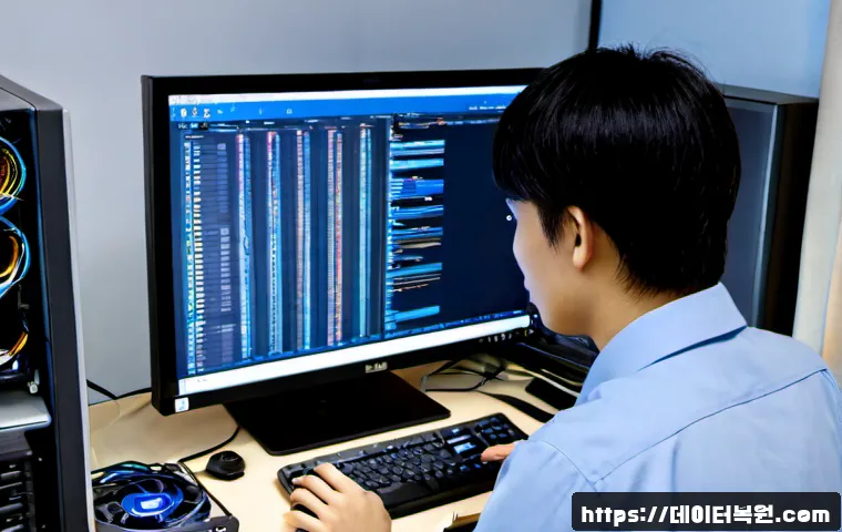 월곡동 NTFS_FILE_SYSTEM - Photorealistic IT support workstation in Wolgok-dong, Seoul, dual-monitor desktop showing a non-read...