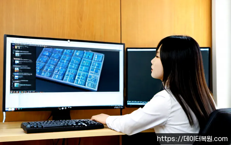 청진동 STATUS_DISK_READ_FAILURE - Photorealistic IT support workstation in a modern Cheongjin-dong office, designer studying a silent ...