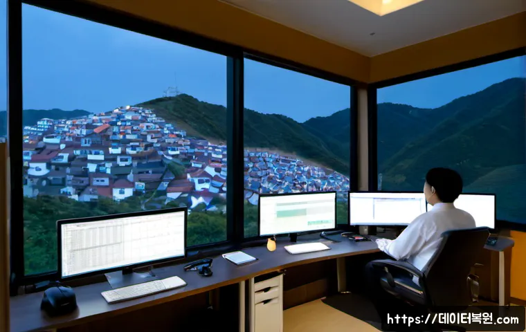 남학동 STATUS_DATATYPE_MISALIGNMENT - Photorealistic IT support workstation in a compact Namhak-dong office, dual monitors showing abstrac...