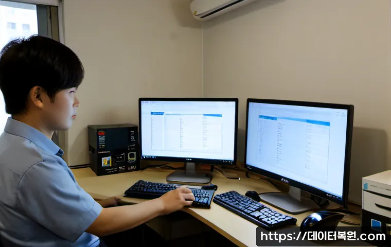 장위동 STATUS_IO_TIMEOUT - Photorealistic IT support workstation in a compact Jangwi-dong apartment office, dual monitors showi...