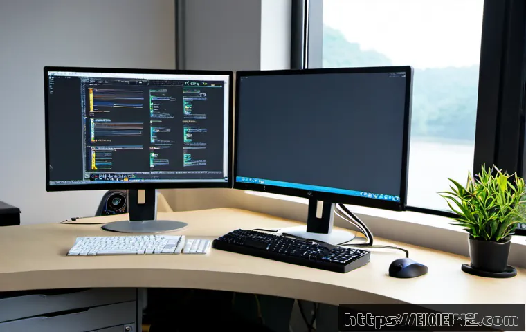 선유동 STATUS_MODULE_NOT_FOUND - Photorealistic modern software support workstation in Seonyu-dong, dual monitors showing a clean abs...