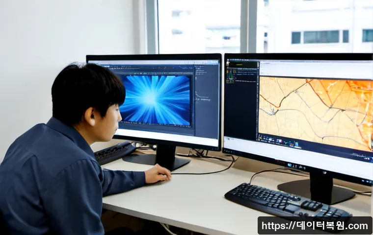 봉익동 STATUS_MEMORY_ACCESS_DENIED - Photorealistic IT support workstation in a compact Bongik-dong office, dual monitors showing a froze...