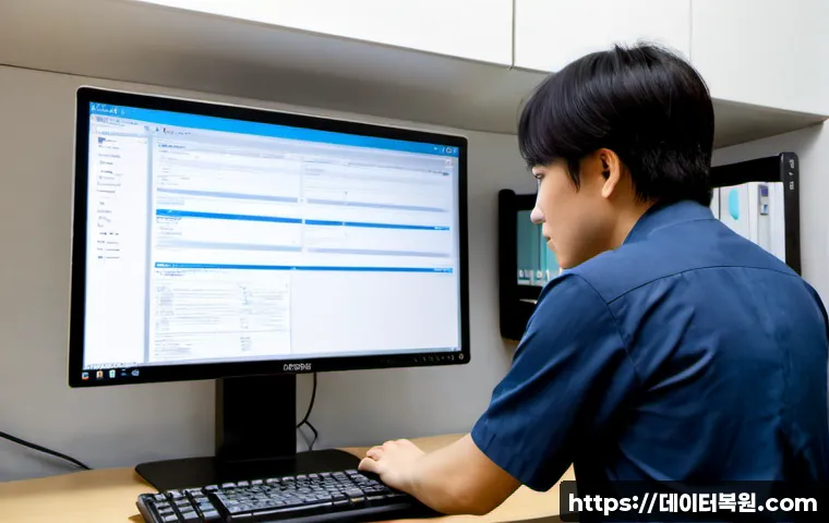 원신동 UDFS_FILE_SYSTEM - Photorealistic remote-support workstation in a compact Korean apartment office, IT technician examin...