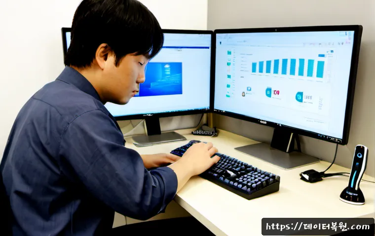 묘동 STATUS_KERNEL_MODULE_NOT_FOUND - Photorealistic IT support workstation in a compact Seoul neighborhood office near Myo-dong, dual mon...