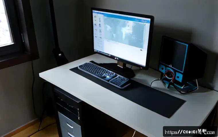 장위동 STATUS_INVALID_DEVICE_REQUEST - Photorealistic remote support workstation in a compact Jangwi-dong apartment office, frustrated desi...