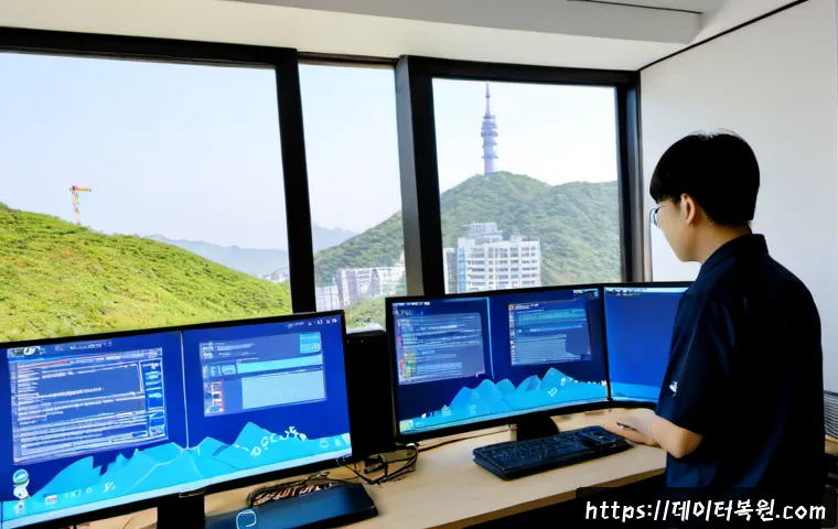 회현동 DRIVER_PORTION_MUST_BE_NONPAGED - Photorealistic IT support workstation in a compact Hoehyeon-dong office, dual monitors showing a cle...