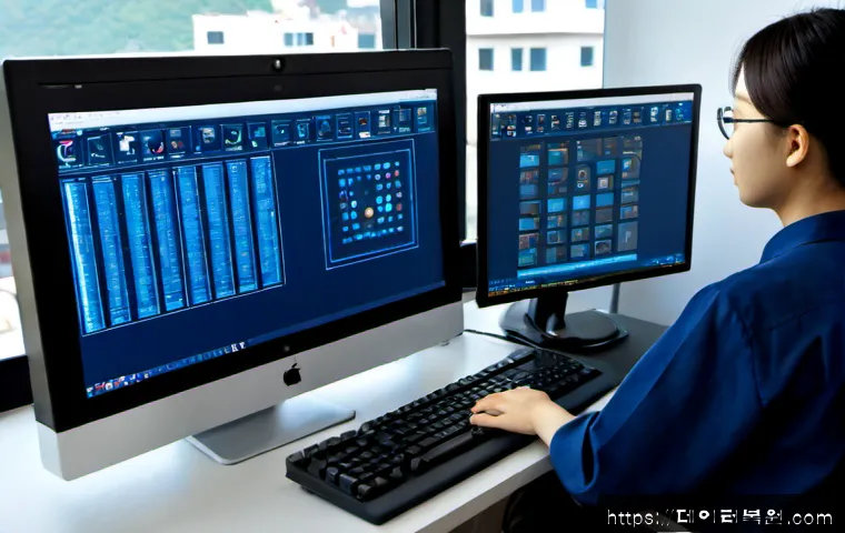 도원동 STATUS_KERNEL_DEBUG_FAILURE - Photorealistic IT support workstation in a compact hillside apartment office, dual monitors showing ...