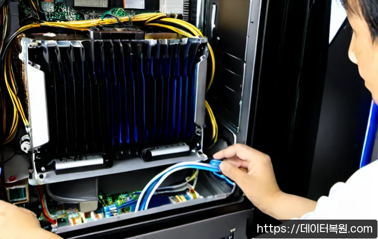 용산동 쿨러조립 및 교체수리 - Photorealistic PC repair workstation in Yongsan-dong, Seoul, technician carefully installing a large...