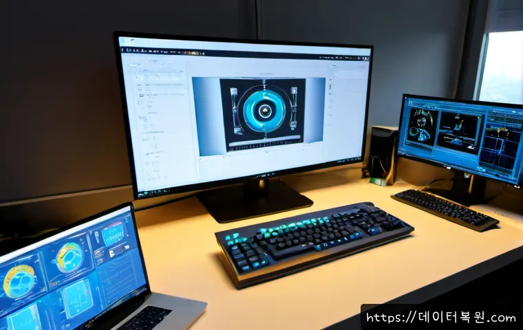 가산동 CRITICAL_OBJECT_TERMINATION - Photorealistic IT support workstation in Gasan Digital Complex, dual monitors showing a non-branded ...