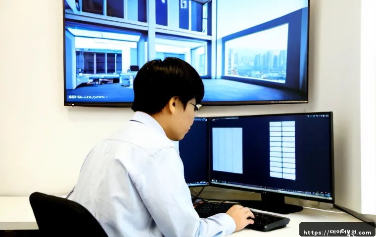 용문동 STATUS_PAGEFILE_MISSING - Photorealistic desktop workstation in a compact Yongsan-gu office near Yongmun-dong, dual monitors s...