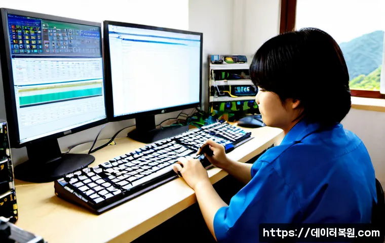 가평읍 RAM조립 및 교체수리 - Photorealistic computer repair bench in a small Gapyeong-eup electronics workshop, technician carefu...