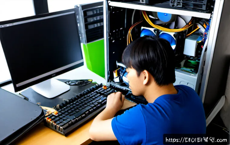덕양구 쿨러조립 및 교체수리 - Photorealistic desktop PC repair bench in a compact Deogyang-gu apartment workspace, technician care...