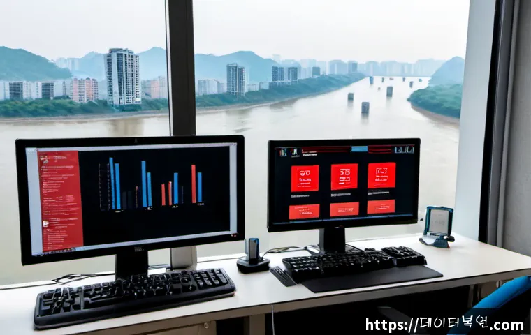 옥수동 STATUS_KERNEL_CONFIGURATION_ERROR - Photorealistic IT support workstation in a high-rise apartment overlooking the Han River near Oksu, ...