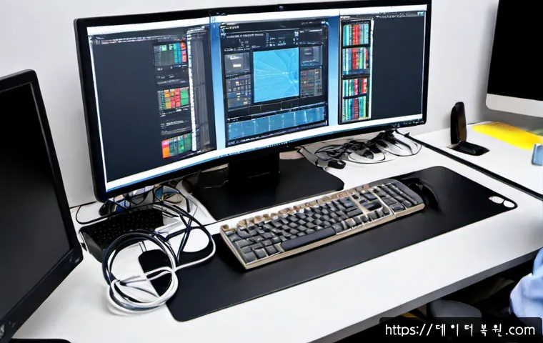 회덕동 STATUS_KERNEL_RESOURCE_ERROR - Photorealistic desktop support workstation in a compact Korean suburban office, ultrawide monitor sh...