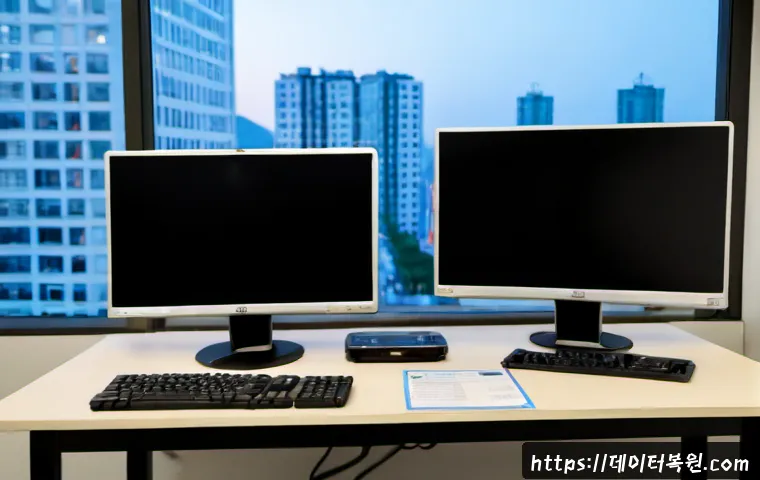 남가좌동 STATUS_FILE_IN_USE - Photorealistic remote-support workstation in a Namgajwa-dong apartment office, dual monitors showing...