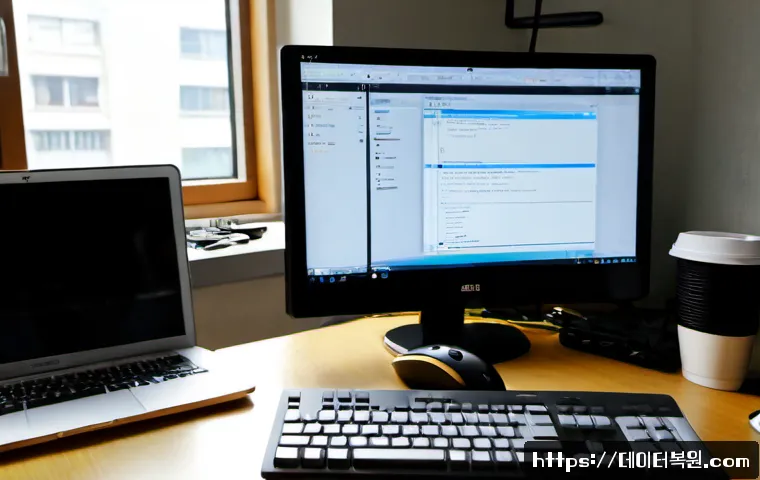 합정동 STATUS_SESSION_TIMEOUT - Photorealistic remote support workstation in a Hapjeong-dong creative studio, dual monitors showing ...