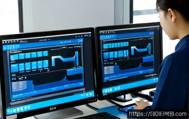 합정동 FAT_FILE_SYSTEM - Photorealistic IT support workstation in a compact Hapjeong-dong creative office, dual monitors show...