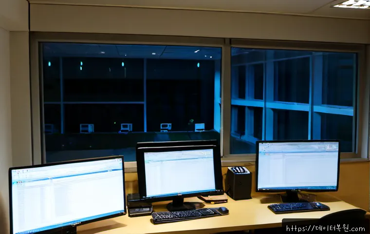 충신동 REGISTRY_ERROR - Photorealistic IT support workstation in a compact Seoul office near old low-rise neighborhoods, dua...