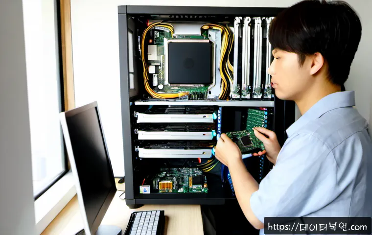 용신동 컴퓨터업그레이드 - Photorealistic computer upgrade service bench in a compact Yongshin-dong apartment workspace, techni...