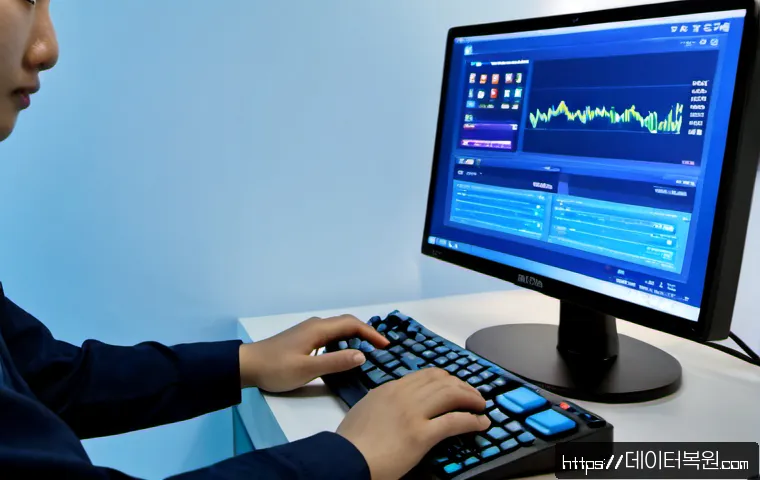 서교동 KMODE_EXCEPTION_NOT_HANDLED - Photorealistic remote-support workstation in Seogyo-dong, a desktop monitor showing a blue system cr...