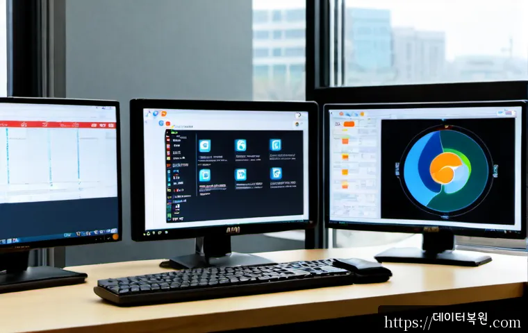 중화동 STATUS_PAGEFILE_MISSING - Photorealistic remote-support workstation in a compact Jungnang district office, dual monitors showi...