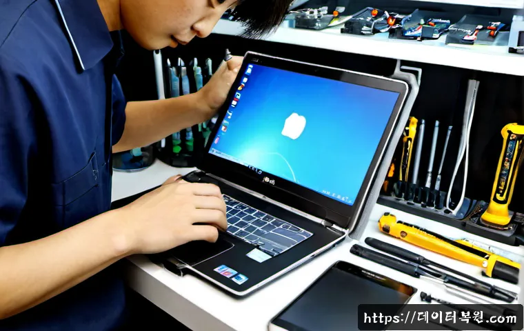 봉천동 맥북에어 판매 및 수리 - Photorealistic electronics repair workstation in a compact Bongcheon-dong neighborhood shop, ultrath...