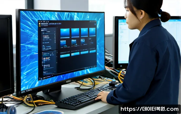 용산구 KERNEL_STACK_INPAGE_ERROR - Photorealistic IT support workstation in Yongsan, Seoul, a desktop monitor frozen on an abstract blu...