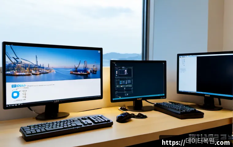 봉래동 입력신호가 없습니다 - Photorealistic remote-support workstation in a compact Bongnae-dong office, dual monitors with one s...