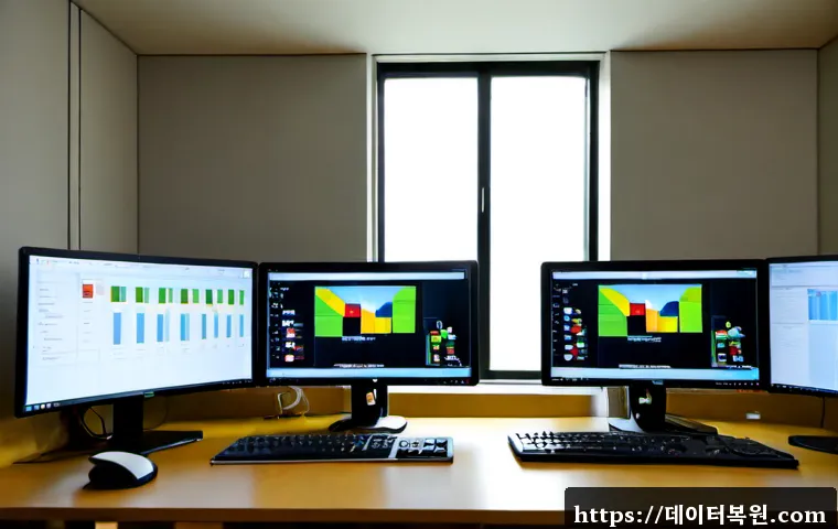 용문동 SESSION_HAS_VALID_VIEWS_ON_EXIT - Photorealistic IT support workstation in a compact Yongmun-dong office, dual monitors showing a clea...