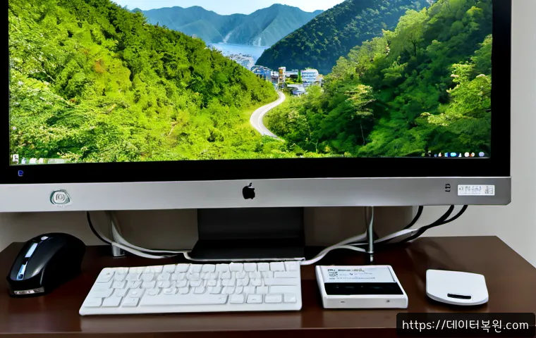 거여동 macosX재설치 포맷  초기화 - Photorealistic remote-support workstation in a compact apartment near a wooded hillside, silver all-...