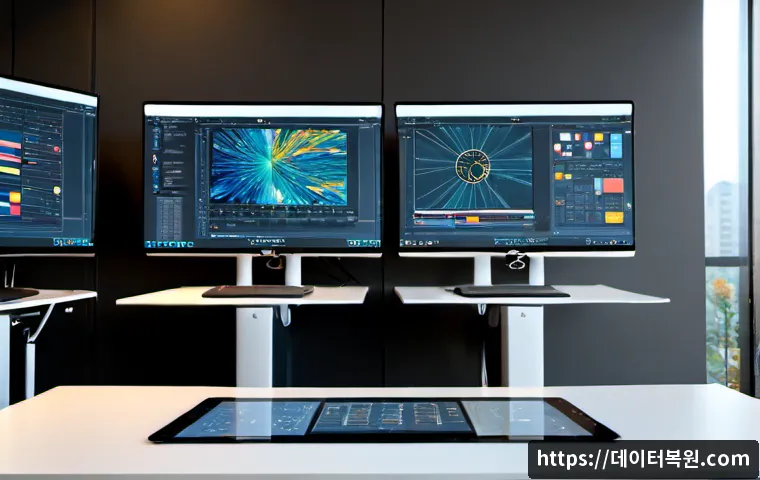압구정동 STATUS_DATATYPE_MISALIGNMENT - Photorealistic premium workstation in an Apgujeong-inspired design studio, dual widescreen monitors ...