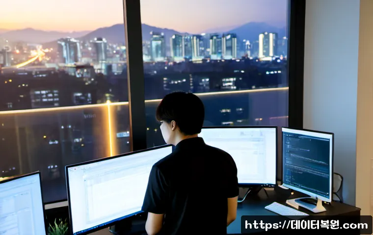 중산동 INVALID_KERNEL_HANDLE - Photorealistic IT support workstation in a modern apartment office, engineer studying a dual-monitor...
