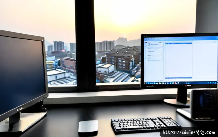 동소문동 STATUS_DISK_NOT_INITIALIZED - Photorealistic IT support workstation in a compact Dongdaemun-area office, dual monitors showing a c...